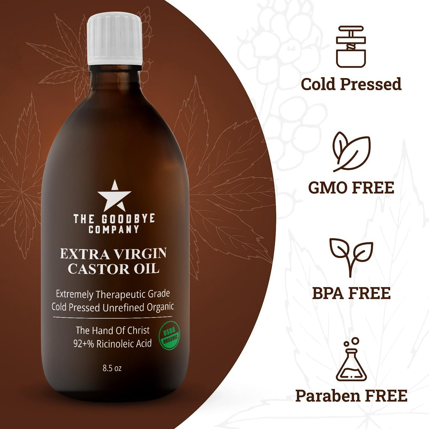 The Goodbye Company Organic Castor Oil 8.5 Fl Oz Cold-Pressed in Glass Bottle for Hair, Skin & Lashes