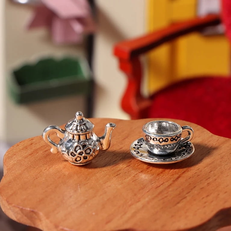 1Set 1:12 Dollhouse Miniature Teapot Cup Saucer Metal Tea Set