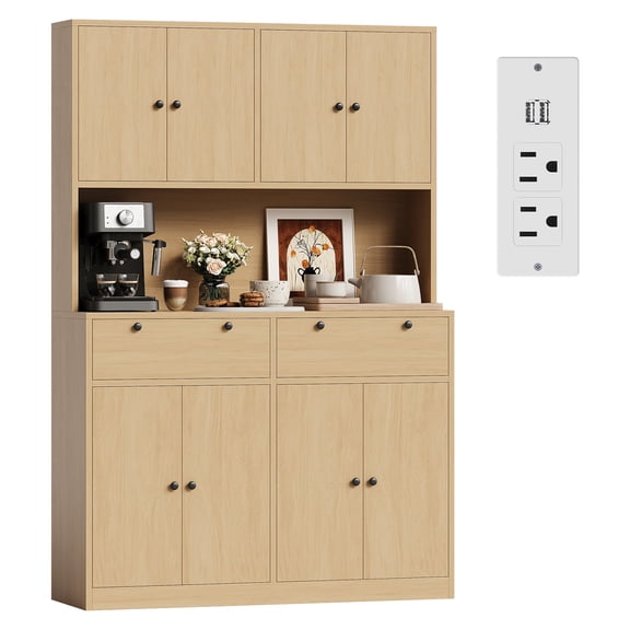 COZONY 71" Tall Kitchen Pantry Cabinet with Charging Station, 47" Wide Hutch with Microwave Stand, 8 Doors & 2 Drawers, Large Food Storage for Dining Room & Kitchen,Brown