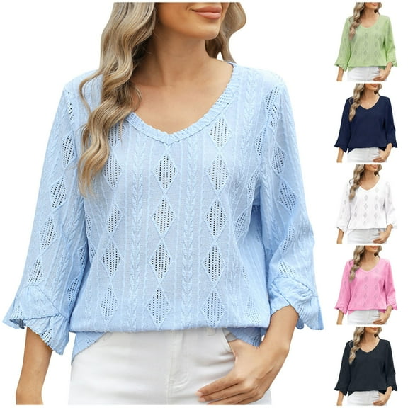 ATOYSOY Womens-Plus-Size-V-Neck-Tops Dressy 3/4 Length Ruffle Sleeve T Shirts Trendy Eyelet Blouses Casual Loose Tunics Black L