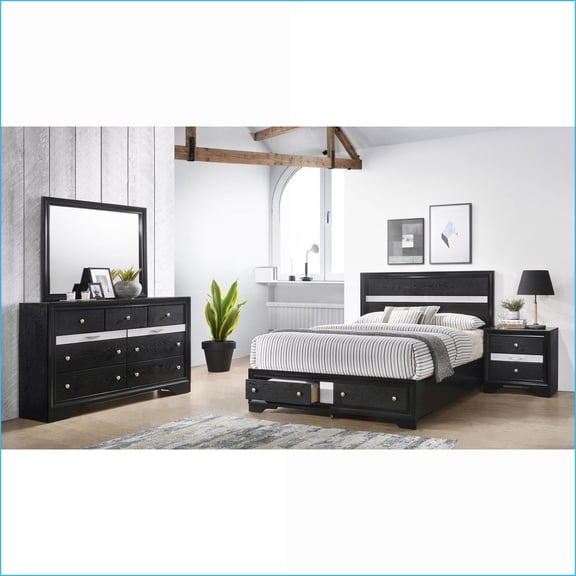 Bedroom Set Traditional Queen 4-Piece with Storage Engineered Wood Black | Standard Beds | Double Dressers