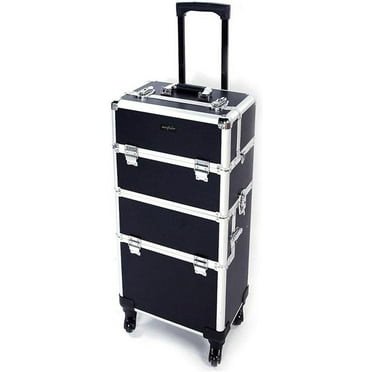 2 in 1 Rolling Makeup Train Case, Aluminum Makeup Travel Organizer Cosmetic Case, Cosmetology Display Suitcase on Wheels, Beauty Storage Luggage Lockable w/4 Removable Wheels (Black)