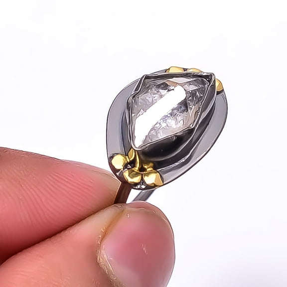 Natural Herkimer Diamond Black And Gold Plated 925 Sterling Silver Ring s.7.5, White Herkimer Diamond Ring R_9490_293_65