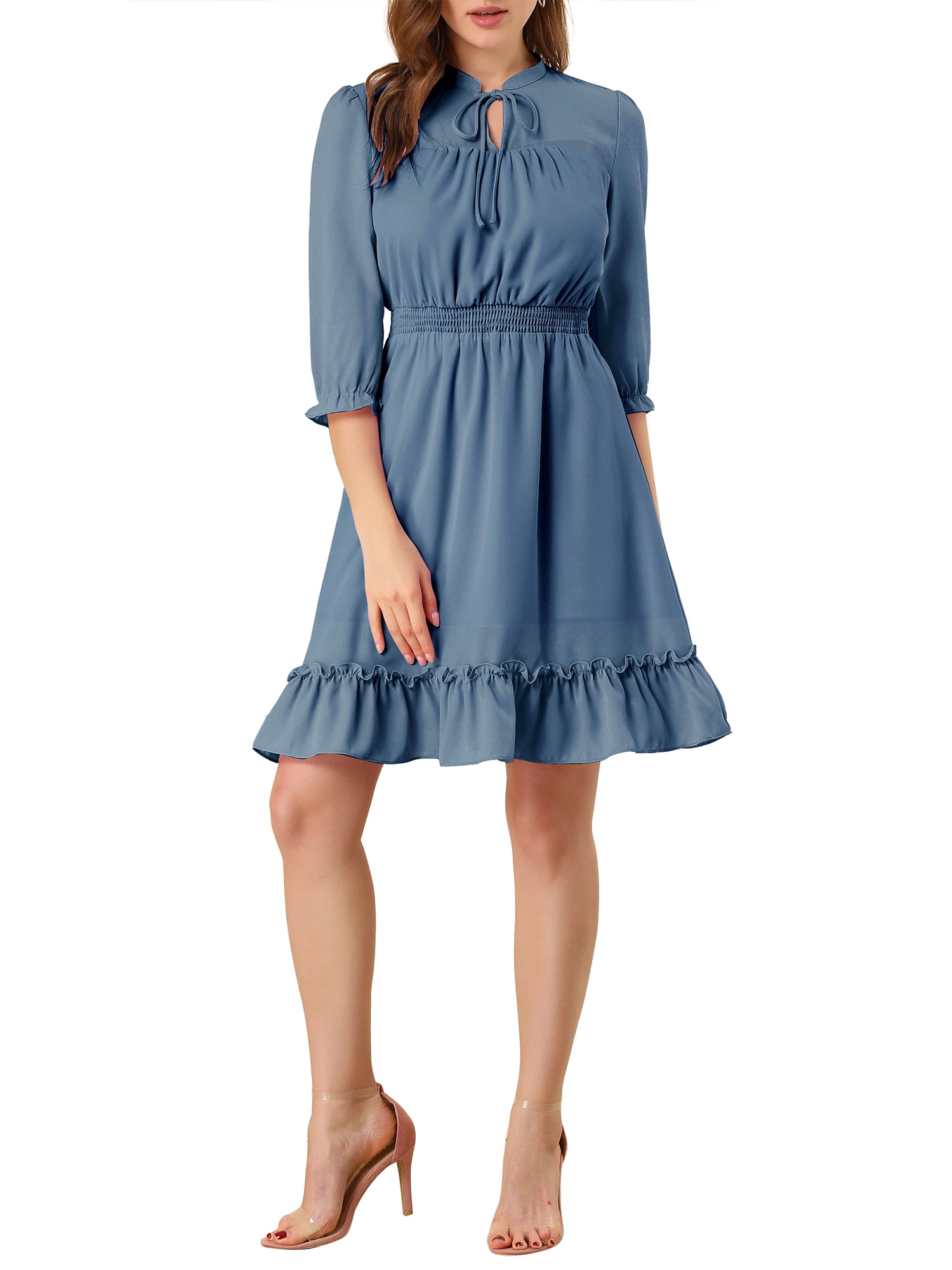 DARING DIVA Tie V Neck Chiffon 3/4 Sleeve Smocked Mini A-Line Dress M Blue Grey