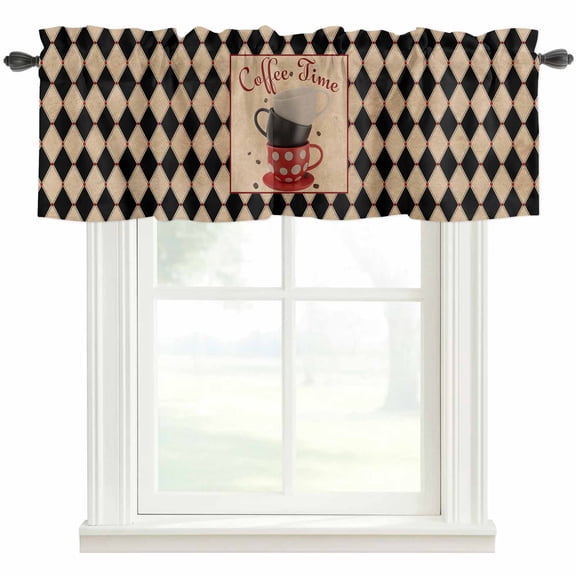 Vintage Coffee Rod Pocket Curtain Valance, Farmhouse Red White Cups Black Plaid Farmhouse Window Valance for Living Room, Bedroom, Kitchen 54"W x 18"L