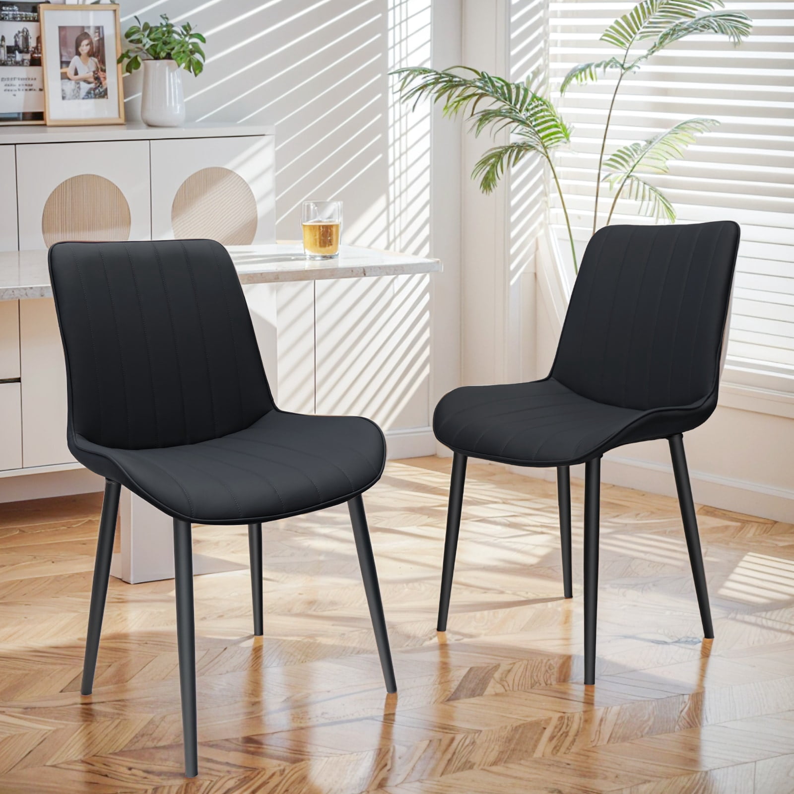 MAYEERTY Black Red PU Leather Dining Chairs with Metal Legs, Wave Pattern Upholstered Armless Chair Set of 2 for Kitchen, Restaurant, Living, Meeting Room