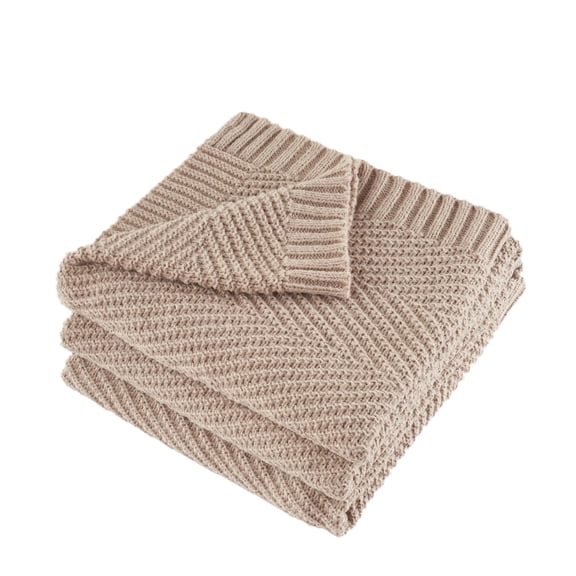 LONG CREATE Soft Knitted Throw Blanket 50" x 60" Taupe, Boho Chevron Farmhouse Throw for Bed Couch