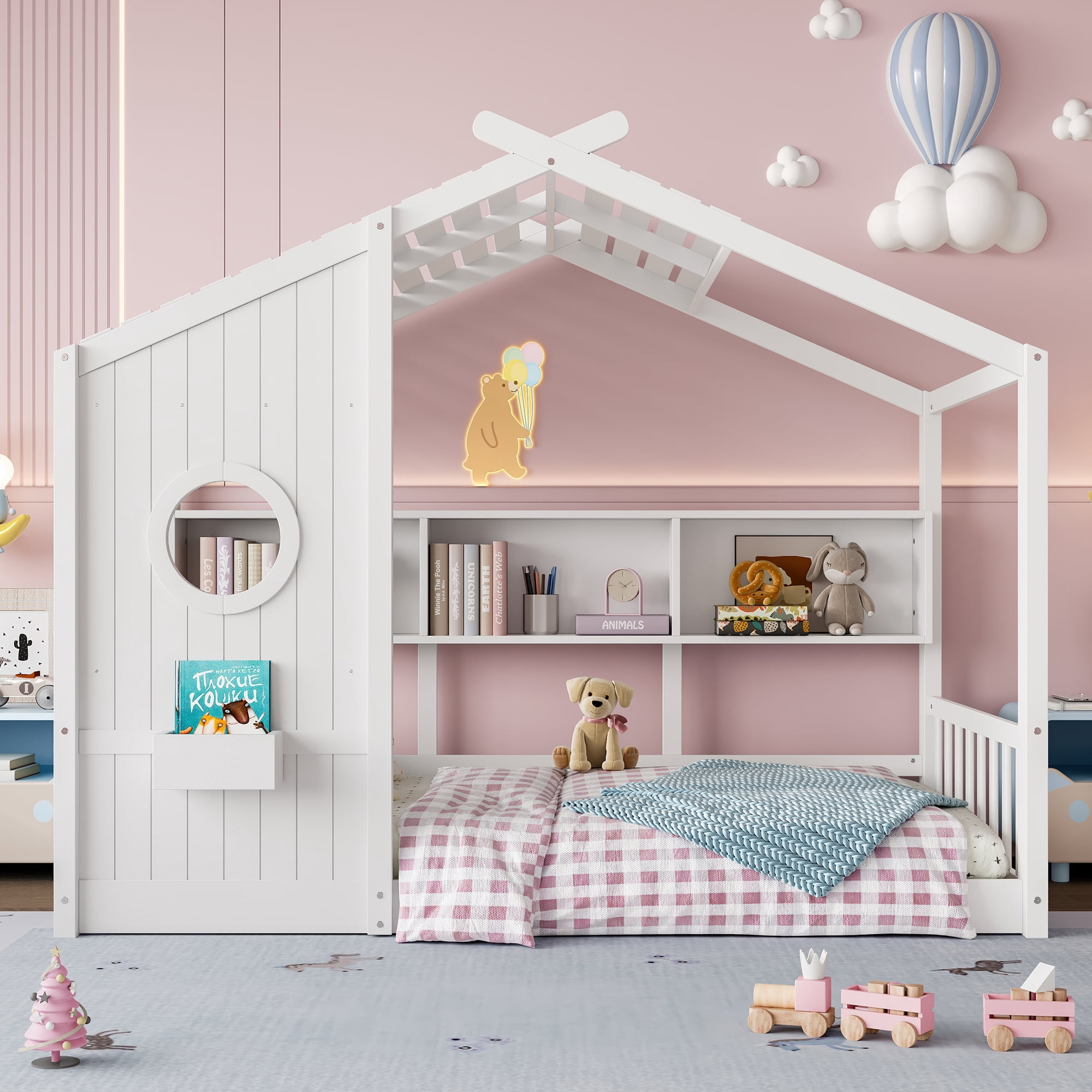 Miniyam Twin Size Montessori Floor House Bed with Roof Design and Storage Shelf for Kids, White
