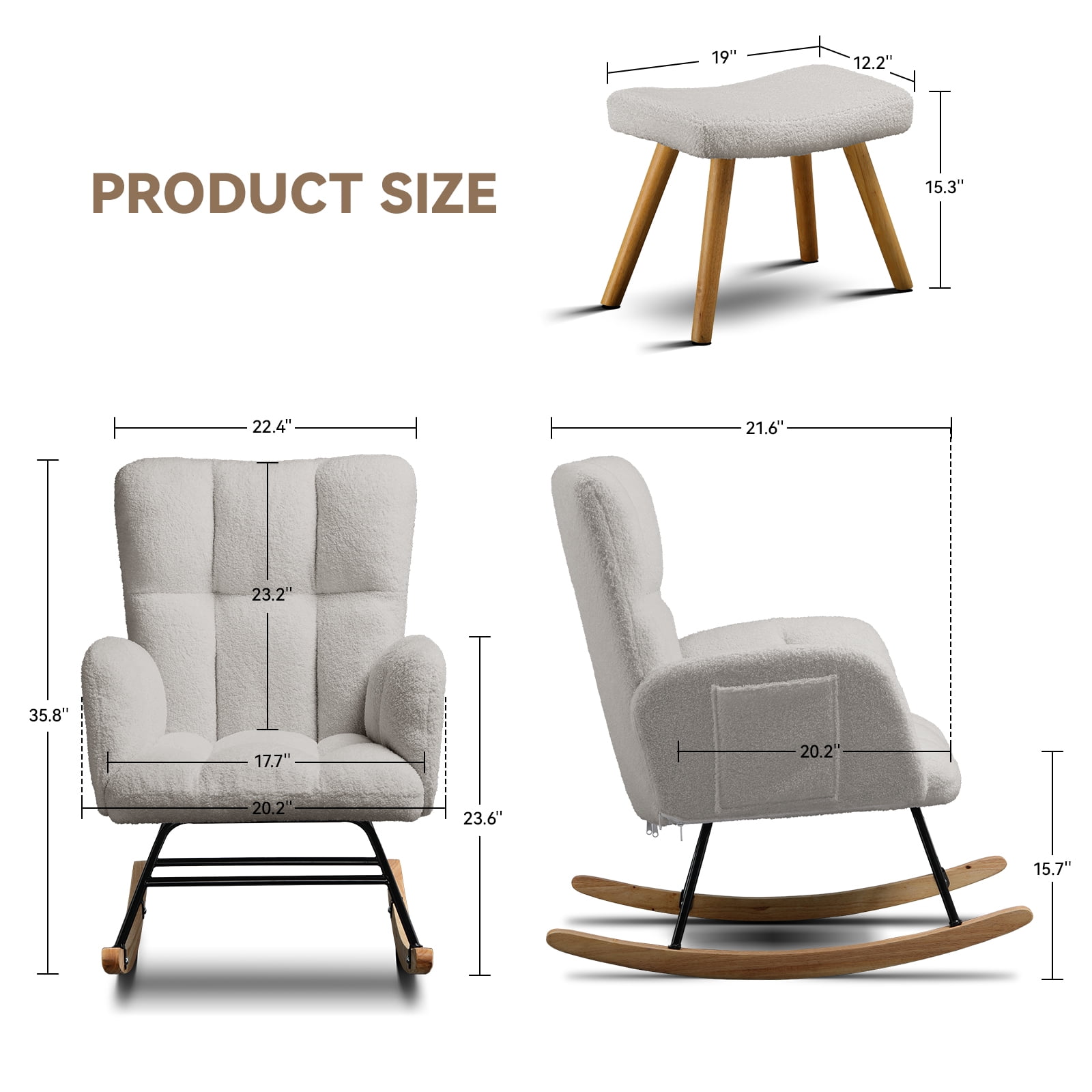 COMHOMA Nursery Rocking Chair with Ottoman, Teddy Glider Rocking Chair, Accent Chair with High Backrest Reading Chair for Adult, Nursery, Bedroom, Living Room, Offices,Gray