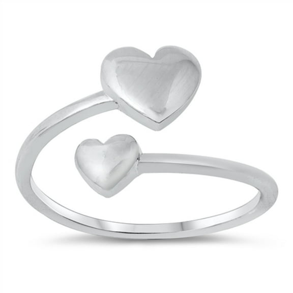 Rhodium Plated Sterling Silver Double Heart Adjustable Ring Size 6