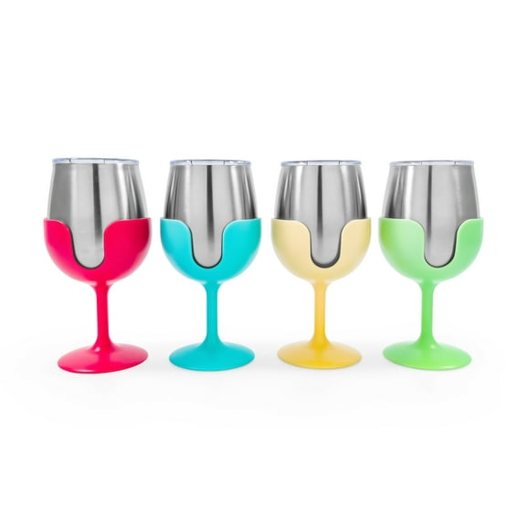 Camco Life is Better at the Campsite Wine Tumblers | Features a Vacuum Insulated Kitchen Grade 18/8 Stainless Steel Construction, 4 Colorful Removable Stems, and Comes in a 8oz Size (53068)