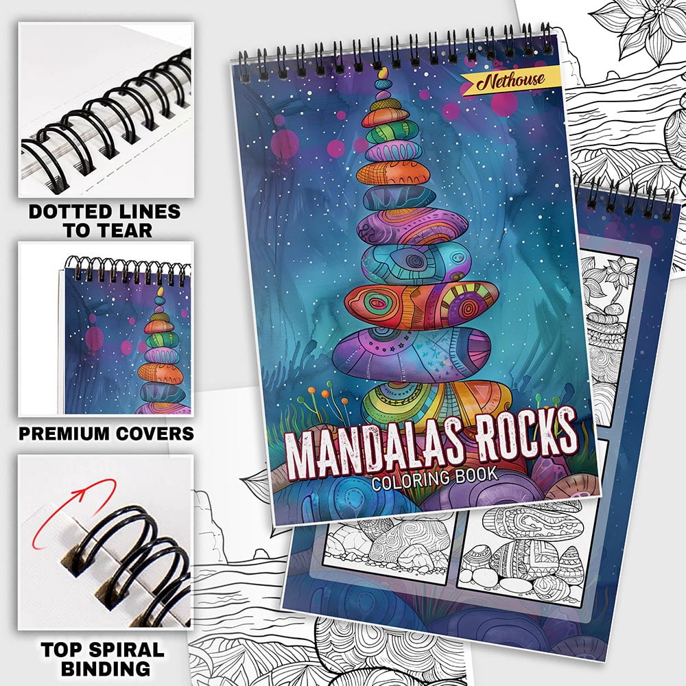 NETHOUSE Mandalas Rocks Coloring Book For Adults Relaxation & Stress Relief, 30 Coloring Pages Featuring Mandala Rocks, Intricate Stone Patterns, Calming Zen Designs, and Meditative Artworks