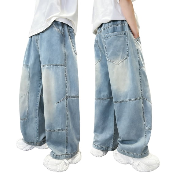 CONZONE Boys Baggy Jeans Casual Denim Pants for Kids Elastic Waist Embroidery Wide Leg Jeans With Pockets