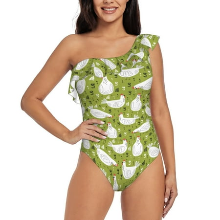 Tebeau Lovely Chickens Print Women s One Piece Swimsuits One Shoulder Swimwear Asymmetric Ruffle Monokinis Bathing Suits-X-Large