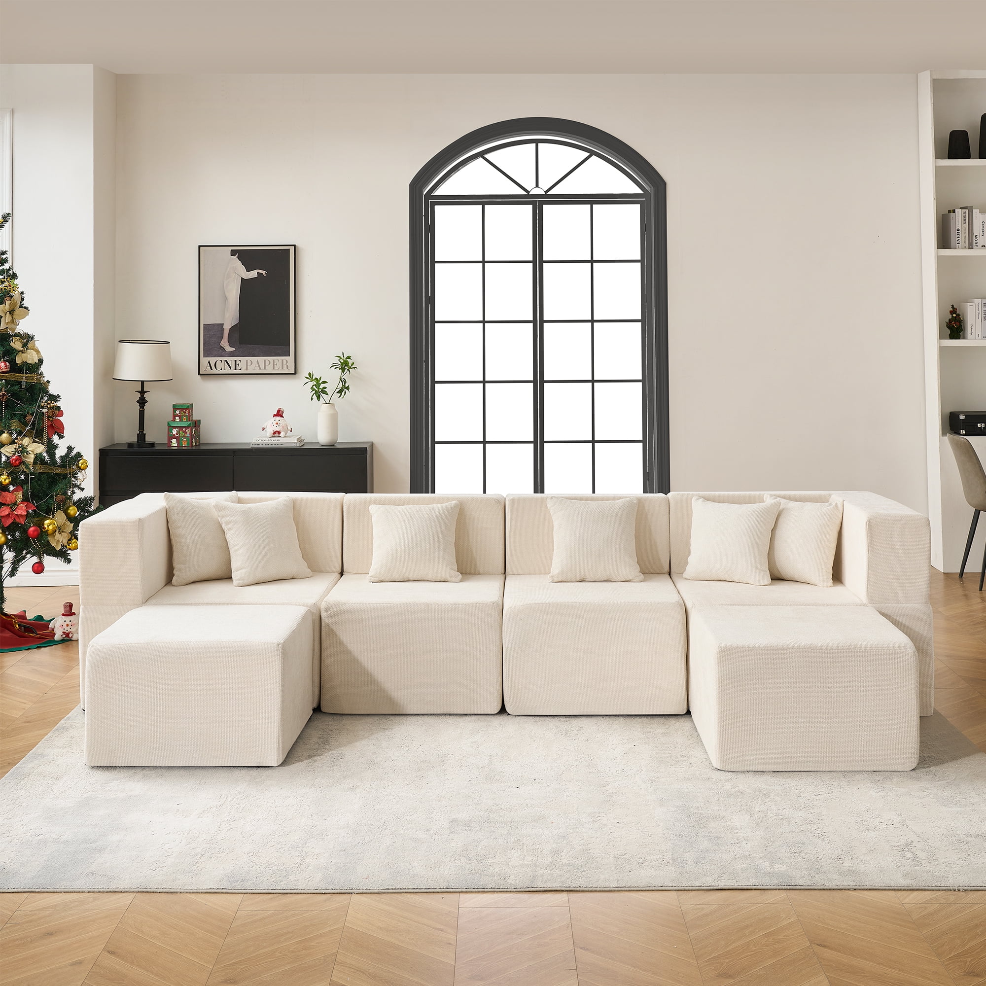 BEHOST 130" 6-Piece Modular Sectional Sofa with 2 Movable Ottomans, U-Shaped Cloud Couch for Living Room, Modern Chenille Deep Seat Sofa Set, Flexible Oversized Sleeper Couches,Beige