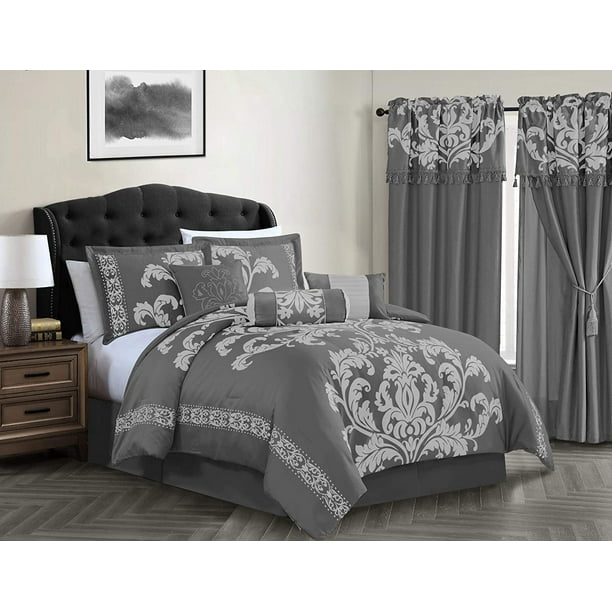 Chezmoi Collection Royal Luxury Jacquard Floral Comforter Set, Queen, Gray/Silver, 7Piece