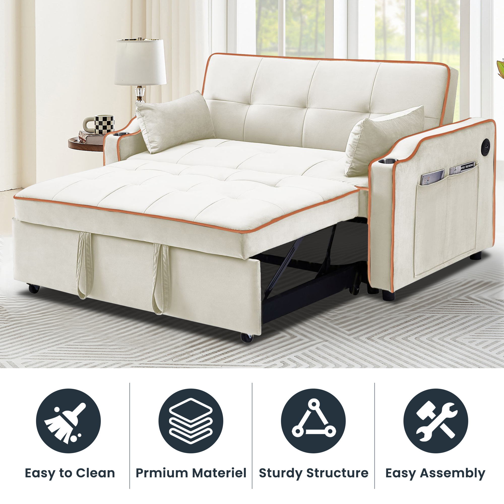 Momspeace Futon Sleeper Sofa Bed with Pull Out Bed, Convertible Sofa Couch Loveseat with Cup Holders and USB Port for Living Room - Cream White