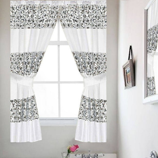 Popular Bath Sinatra White Collection Bath Window Curtain Set with Tiebacks