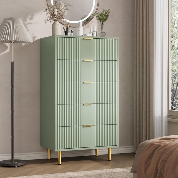 Fluted Dresser for Bedroom with 5 Drawers, 44.3" Tall Modern Chest of Drawers with Metal Handle, Wooden Closet Clothes Storage Organizer for Living Room, Hallway, Olive Green
