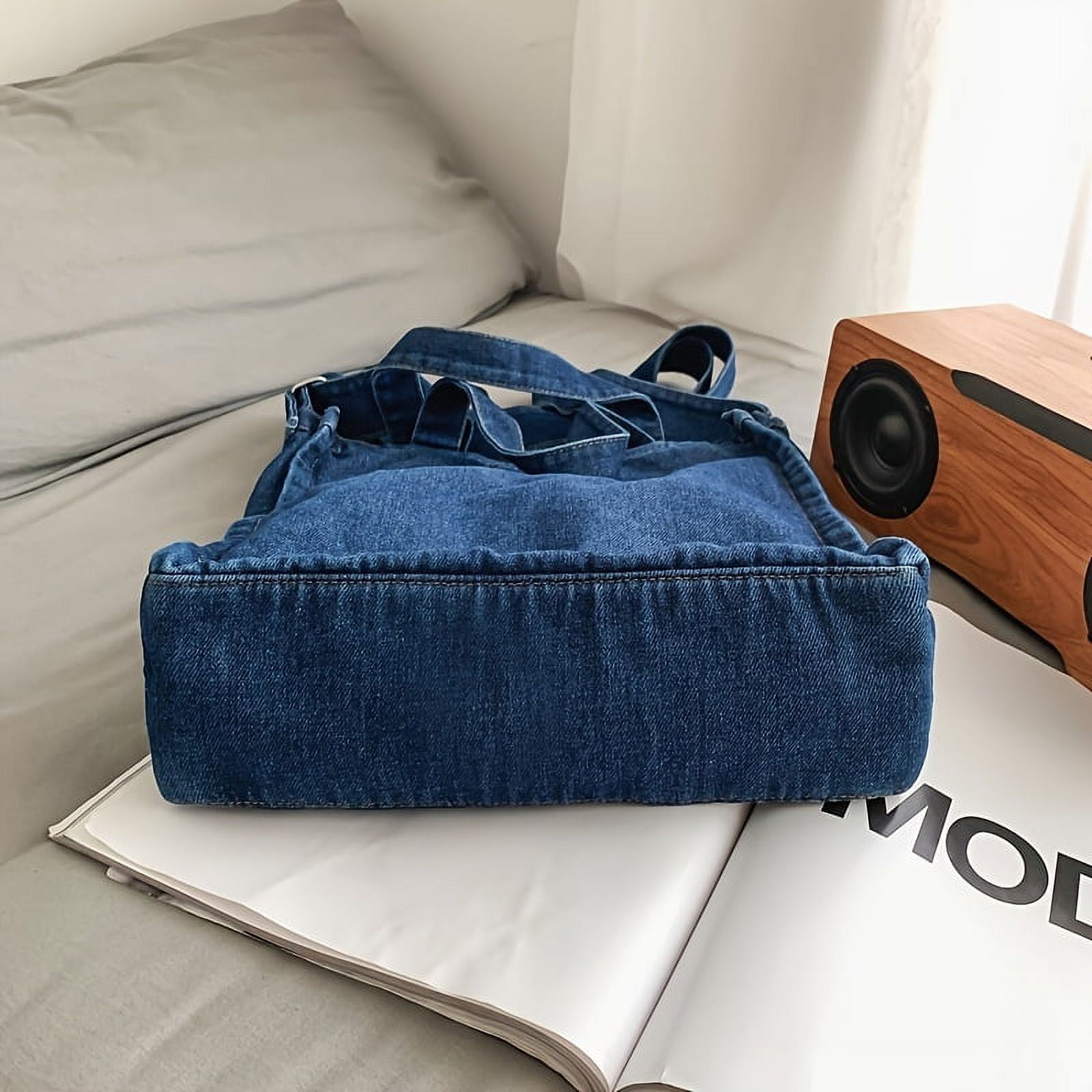 Denim Tote Bag for women bleached jean purse Large Capacity Zipper