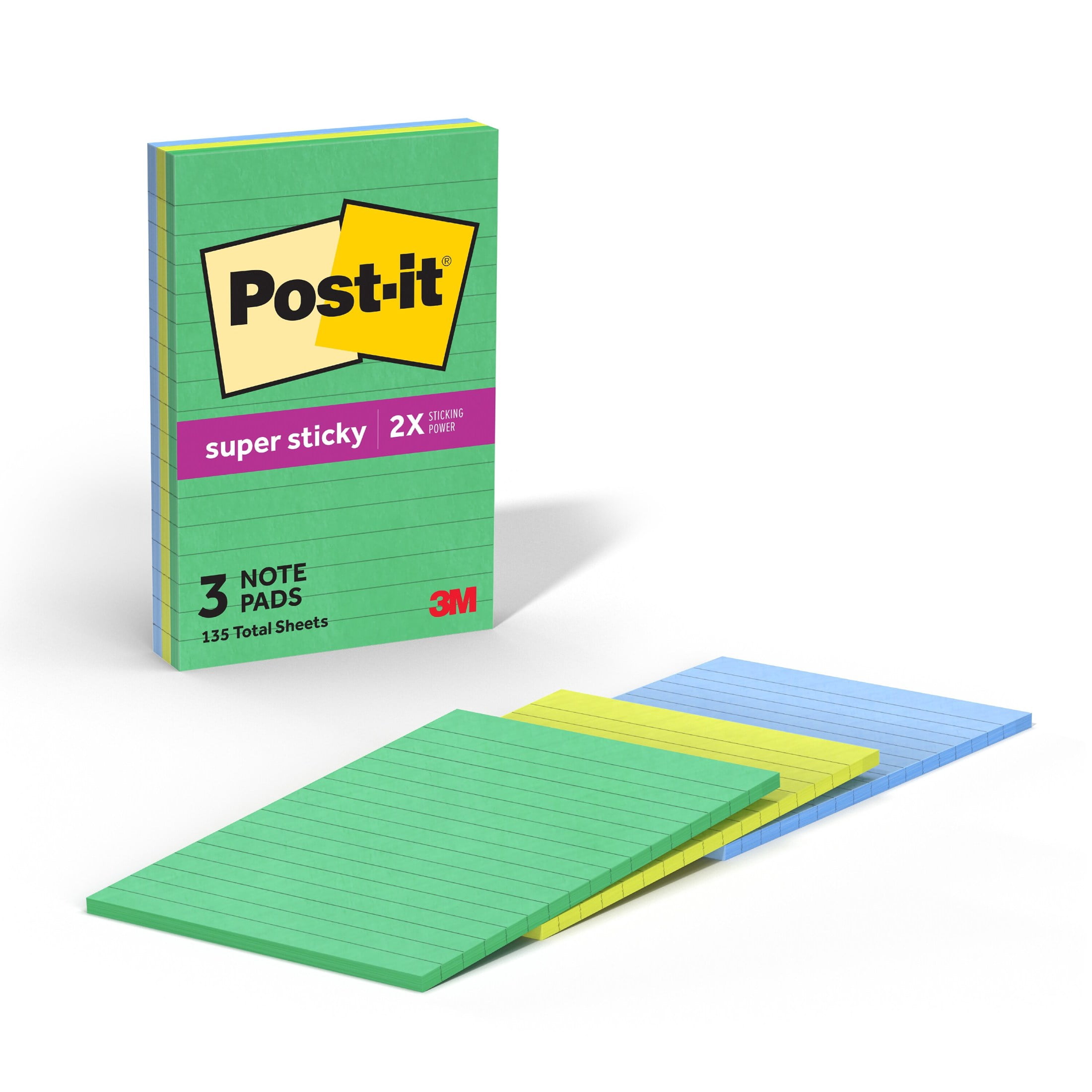 (4 pack) Post-it Super Sticky Notes, Lined, 4" x 6", Assorted Greens and Blues, 3 Pads