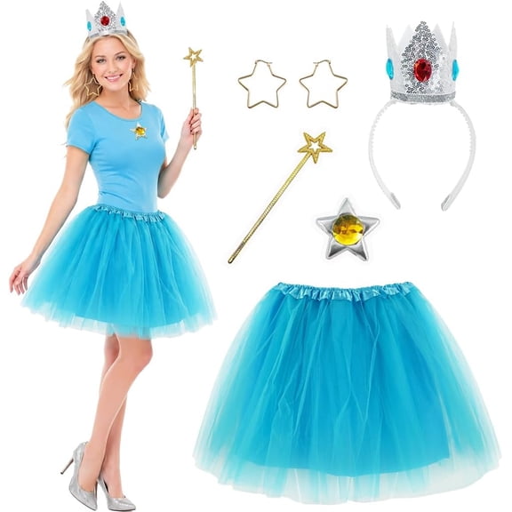 5 Pcs Princess Costume & Accessories Set for Gir'ls, Crown/Brooch/Earring/Tutu Skirt Halloween Cosplay Dress Up (Blue)