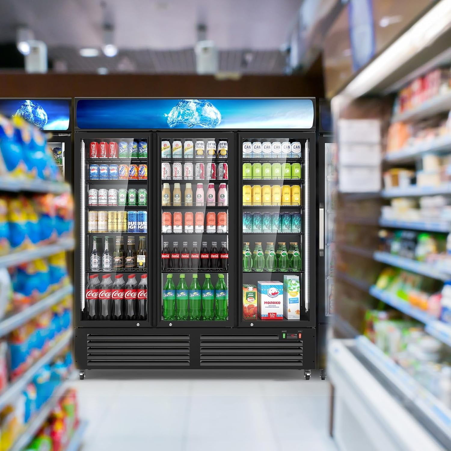 56 Cu Ft Commercial Beverage Cooler - 3 Glass Door Display Fridge, High-Capacity for Restaurant, Bar, Shop