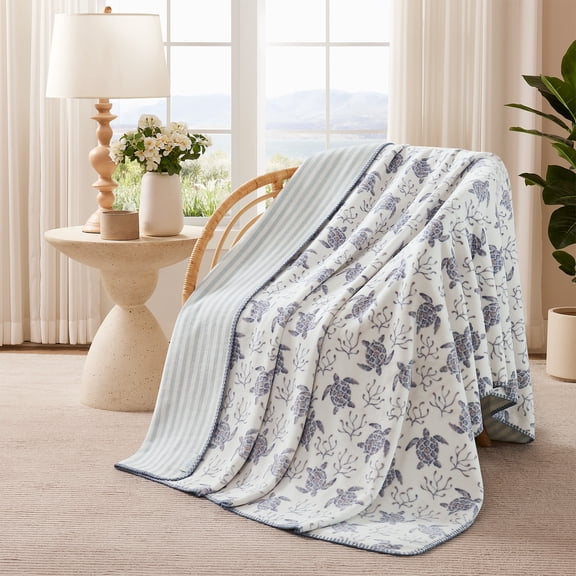 Coastal Living Throw Blanket, Reversible Plush Fleece Blanket for Couch, Blue Turtles Print, 50" x 72"
