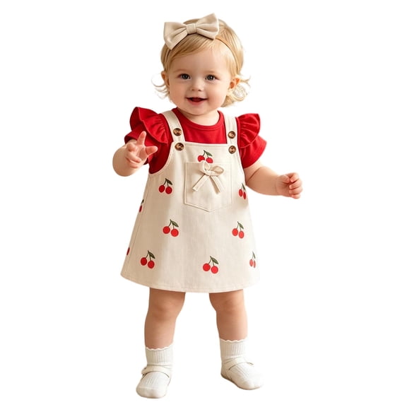 Bobifish Baby Girls Outfit Sets Short Sleeve Bodysuit Cherry Print Suspender Skirts With Pocket 2PC Outdoor Infant Girls Sets