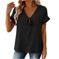 thumbnail image 4 of Rutainlusire Women's Casual Loose Solid Tie Front Bow V Neck Rolled Short Sleeve Tops Blouses Women’s Fashionable Casual Solid Color Short Sleeve V-Neck Imitation With Blouses, 4 of 6