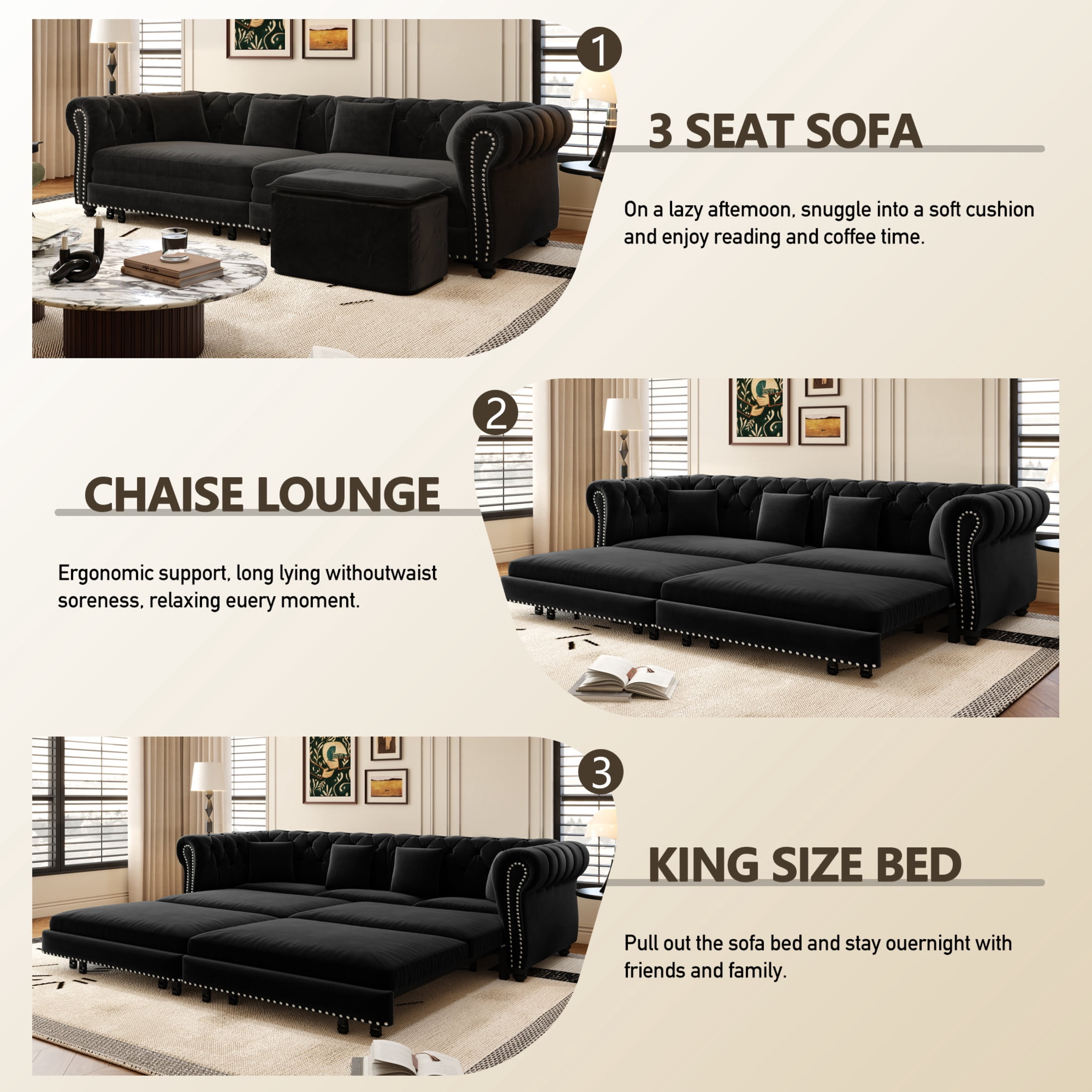 Noble House Ulwick Velvet Chesterfield Pull-Out Sofa Bed, 3-in-1 Convertible Sleeper Couch with Movable Ottoman, Black