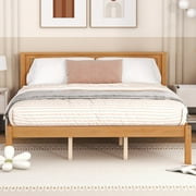 Euroco Queen Platform Bed, Modern Wood Frame Bed with Headboard and Slats for Living Room,Adults,Oak