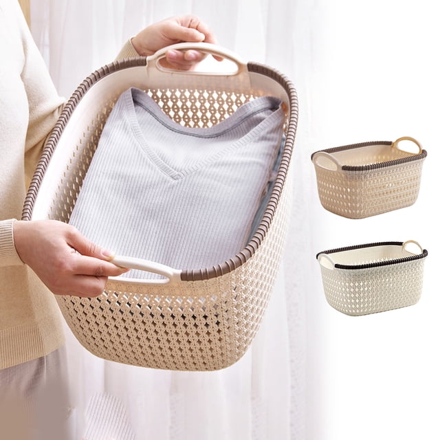 Cesta de almacenamiento de juguetes (1 unidad), cesta organizadora de snacks (29,6 x 23,8 x 16,8 cm), caja de almacenamiento de plástico tejido con asa para ropa y escritorio (beige).