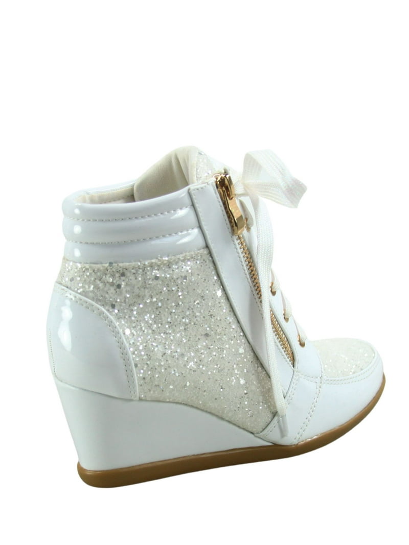 Peggy-44 Women's Glitter Metallic Lace Up Low Top Low Wedge