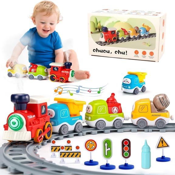 Train Set for Toddlers w/Steam, Sound & Lights, Toddler Toys for Boys 1-3, Electric Train Set with Tracks Road Signs, Learning Toys for Girls Boys 3-6 Years