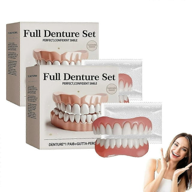 neslemy advanced individual full denture set, soft silicone feeding dentures, comfortable fit, 2-pack centered front view of two retail boxes labeled "Full Denture Set," two sealed silver foil sachets, and one soft pink silicone full denture displayed flat to show gum contour and full arch; white background, portable reusable kit ideal for travel and everyday comfortable fit, often used to improve denture seating.