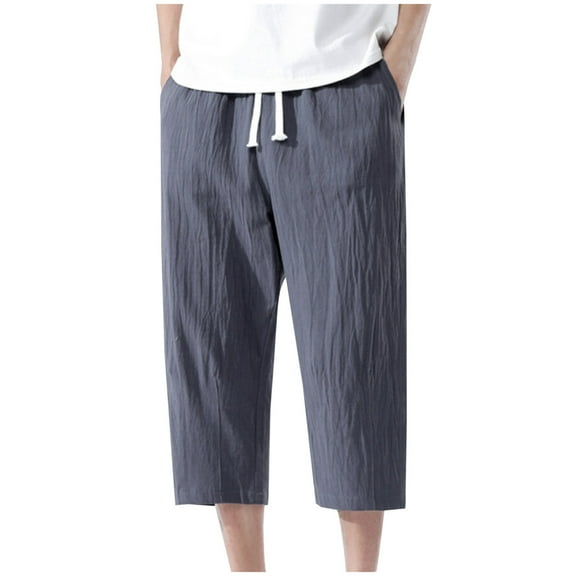 Erwazi Men's Linen Capri Pants Casual Lightweight 3/4 Baggy Pants Drawstring Elastic Waist Beach Yoga Pants with Pockets