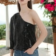 thumbnail image 3 of Women's Summer Sparkle Sequins One Shoulder Top Blouse Cocktail Casual Glitter Sequined T-Shirt Tops- Large,Black, 3 of 5