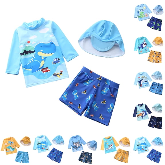 Gelikeya Baby Toddler Boys 3 Piece Swimsuit Sets Cartoon Dinosaur Bathing Suit Rash Guards Sunsuit Swimwear with Sun Hat UPF 50 Green 4-5 Years