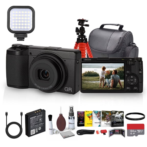 Ricoh GR IV Digital Camera with 28mm f/2.8 Lens Bundle   64GB Card, Bag, Tripod