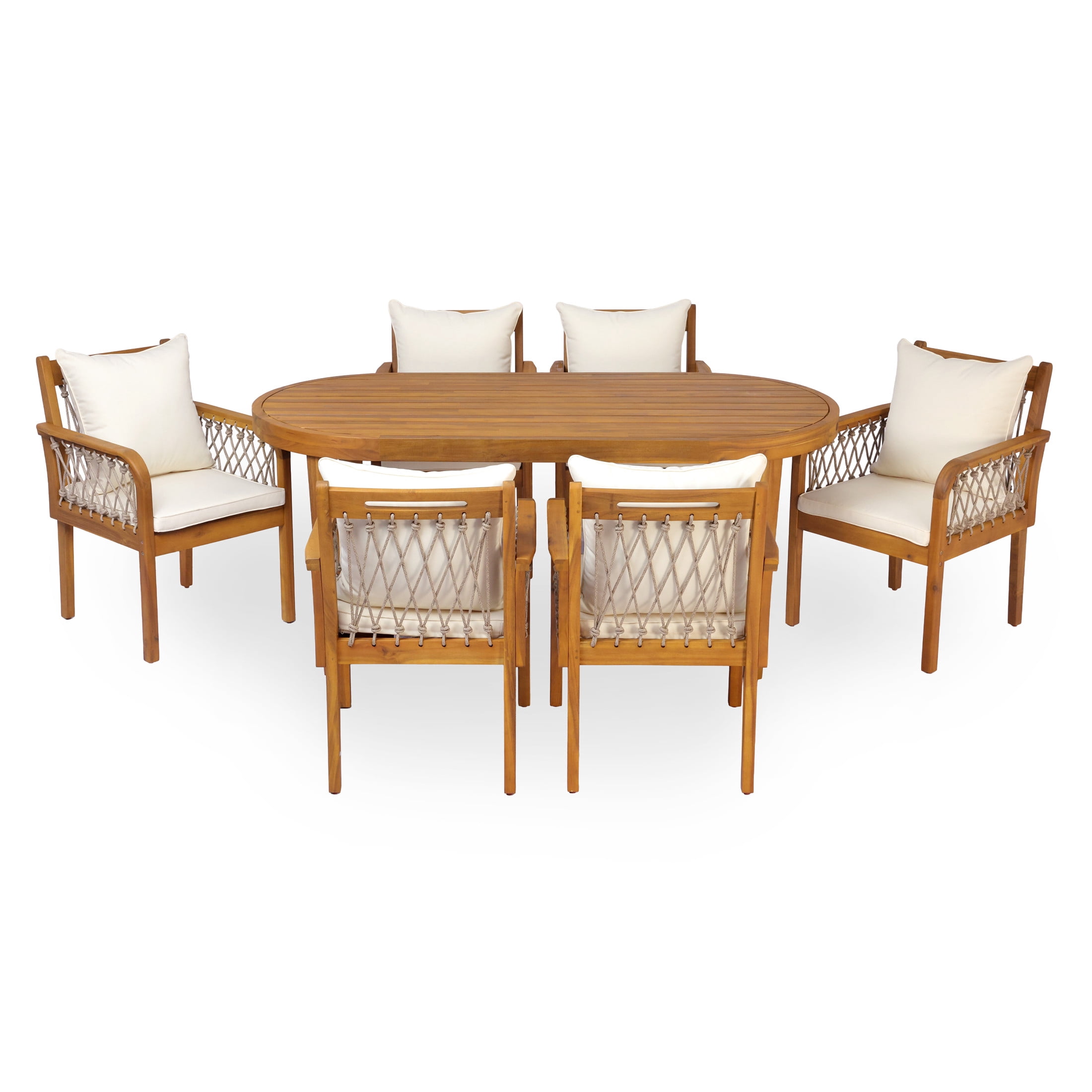 Christopher Knight Home 7-Piece Wooden Patio Dining Set with Rope Chairs and Cushions, Teak