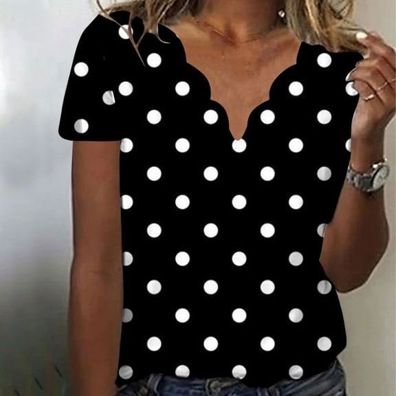 iHengLiXing Tops for Women Plus Size Women's Summer Fashion Polka Printed Collar Casual Short Sleeved Top Short Sleeved-neck Top/shirt M Black