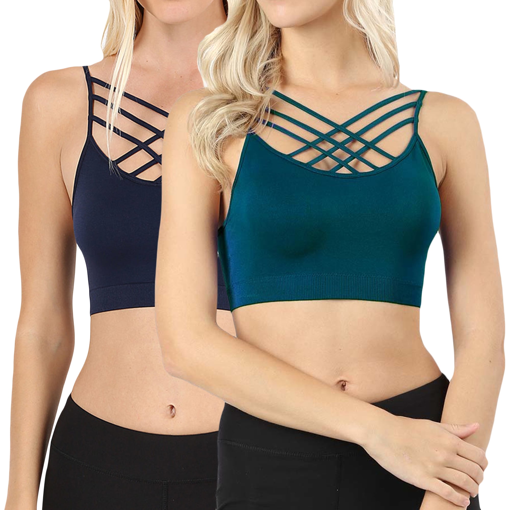 L, BLACK Seamless Strappy Bralette Crop Lace Racerback Womens Seamless & Wirefree Comfort Bra with Removable Pads