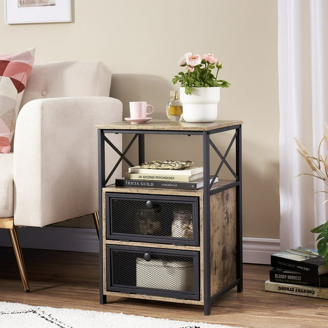 VECELO Table de Chevet avec 2 Tiroirs et Étagère de Rangement Ouverte, Table d'Appoint pour Salon Chambre, Gris