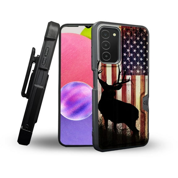ANJ  Rugged Shockproof Holster Case Card Slot Kickstand   Tempered Glass Cover for Samsung Galaxy A03s - American Deer Hunter