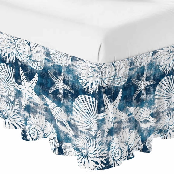 Queen Bed Skirt 16 Inch Drop, Vintage Conch Shells Starfish Coral on Blue Easy Fit Wrap Around Ruffle Bedding, Marine Life Bed Skirts with Adjustable Elastic Belt