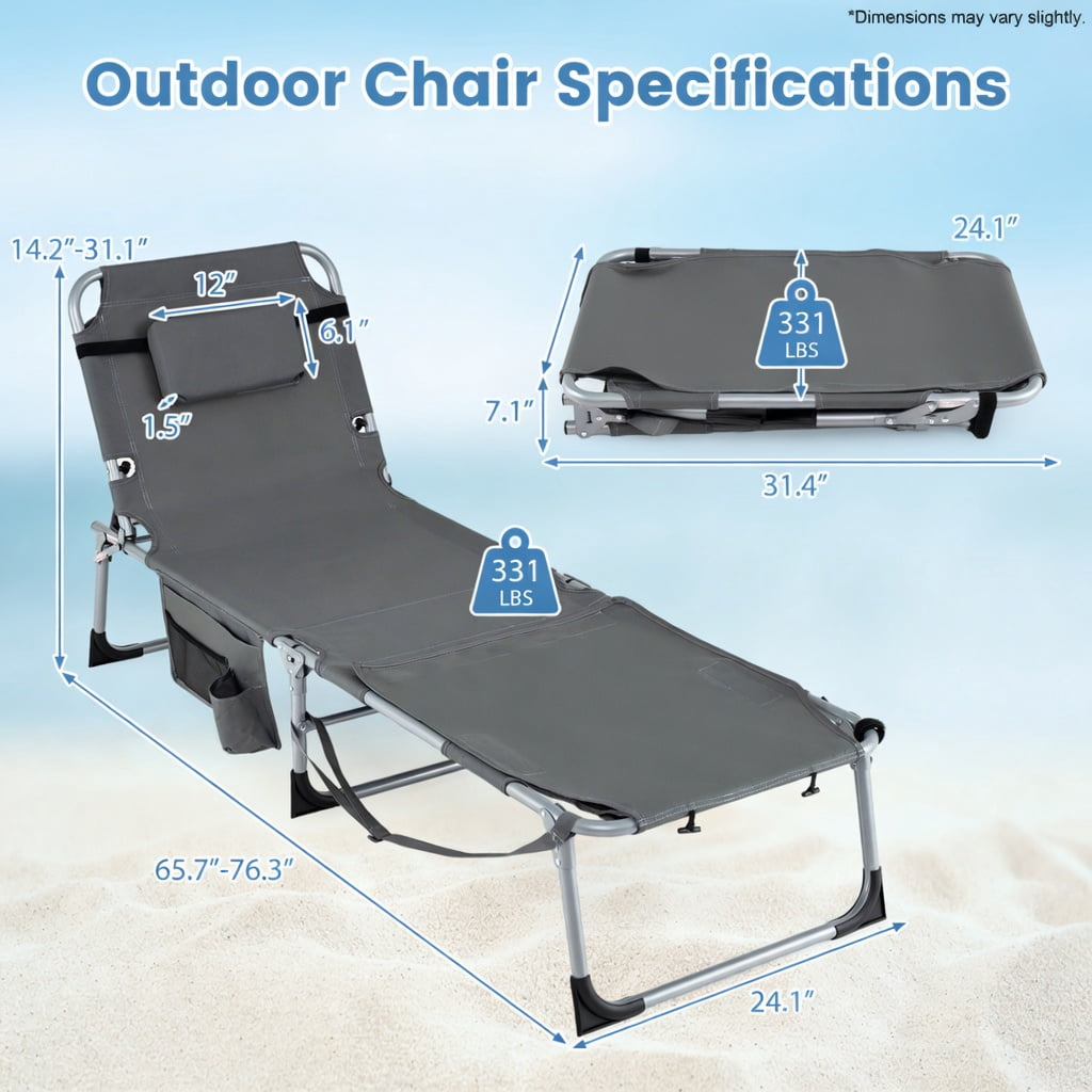 Hommoo 5-Position Adjustable Outdoor Folding Chaise Lounge Chair with Pillow, Lightweight & Portable for Pool, Beach, Patio, or Backyard, Blue