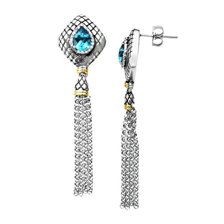 2 ct Natural Swiss Blue Topaz and 1/8 ct Diamond Drop Earrings in Sterling Silver and 14kt Gold