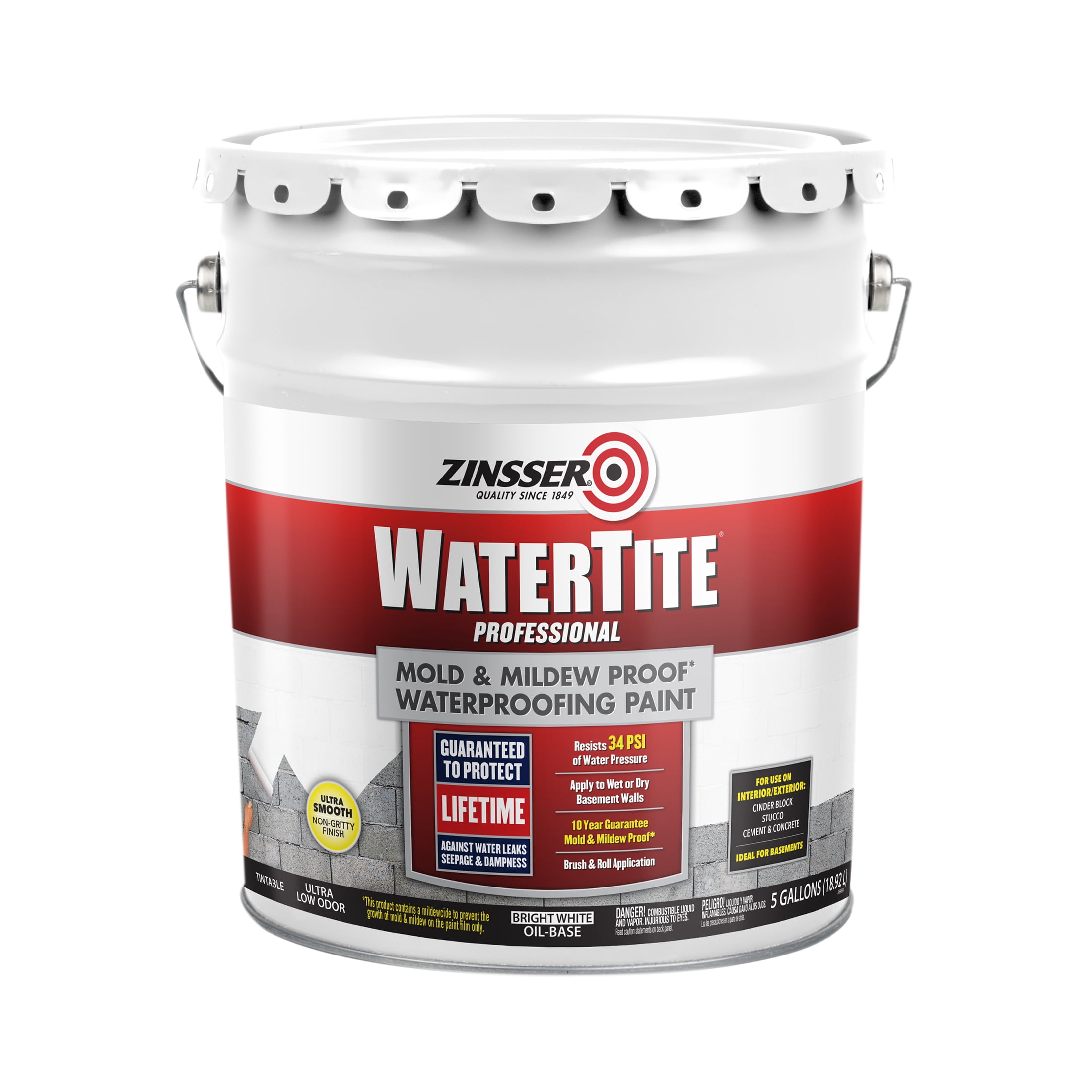 Bright White, Zinsser WaterTite Professional Matte Mold and Mildew-Proof Waterproofing Paint, 5 Gallon, 1 Pack