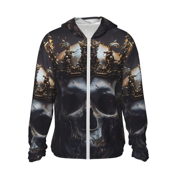 Fotbe Royal Skull With Golden Crown Chaqueta con Protección Solar UPF 50+ para Hombre y Mujer, Camisa con Capucha y Bolsillos-X-Large